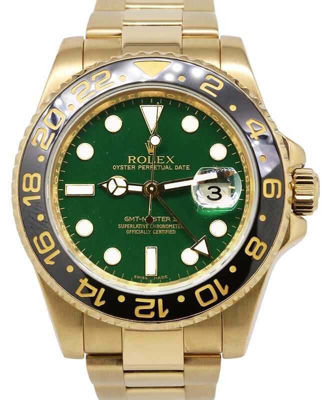 Rolex GMT-Master II Yellow Gold Green Dial Oyster Bracelet 116718LN - PRE-OWNED