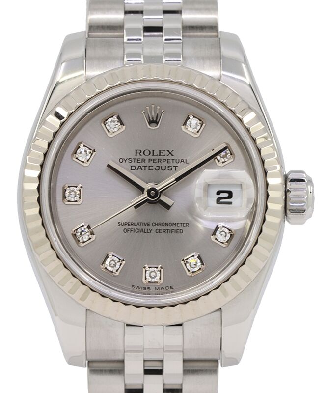 Rolex Lady-Datejust 26 Silver Diamond Fluted White Gold Stainless Steel Jubilee 179174 - PRE-OWNED