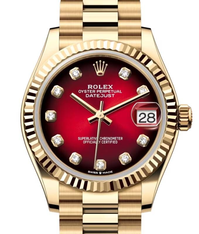Rolex Lady-Datejust 31 President Yellow Gold Red Ombre Diamond Dial & Fluted Bezel 278278