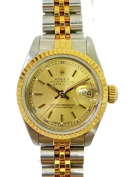 Rolex Lady-Datejust Steel Yellow Gold Champagne Index Dial Gold Fluted Bezel Jubilee Bracelet 69173 - PRE-OWNED