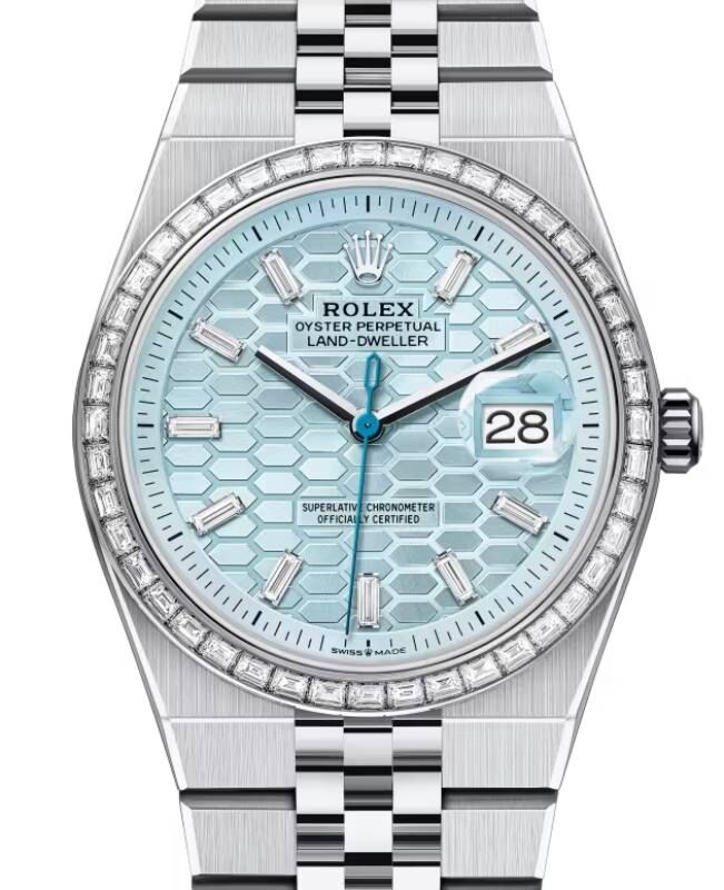 Rolex Land-Dweller 36 Platinum Ice Blue Honeycomb Motif Baguette Diamond Dial & Bezel 127286TBR