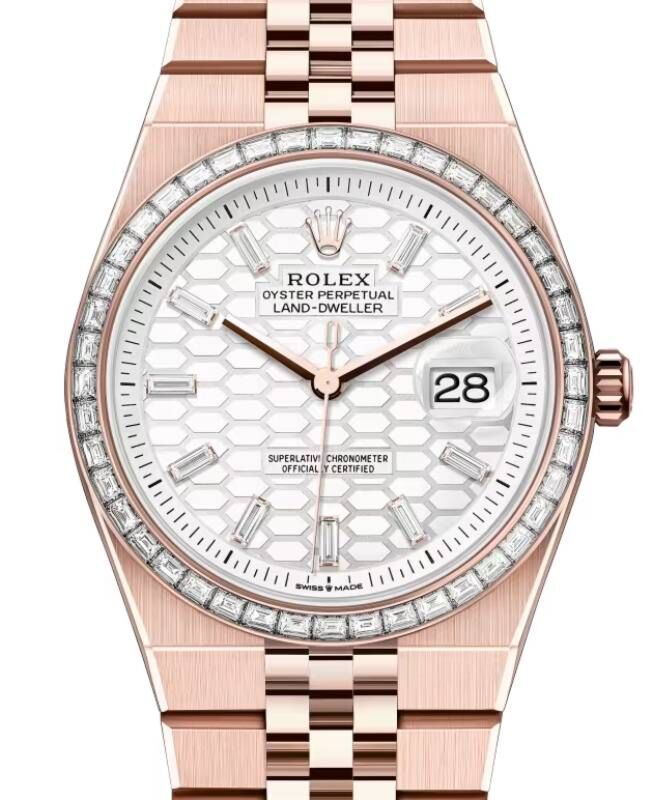 Rolex Land-Dweller 36 Rose Gold Intense White Honeycomb Motif Baguette Diamond Dial & Bezel 127285TBR