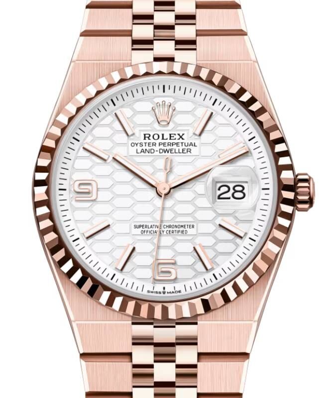 Rolex Land-Dweller 36 Rose Gold Intense White Honeycomb Motif Dial Fluted Bezel 127235