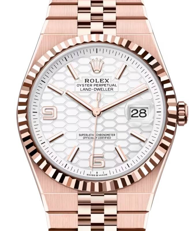 Rolex Land-Dweller 40 Rose Gold Intense White Honeycomb Motif Dial Fluted Bezel 127335
