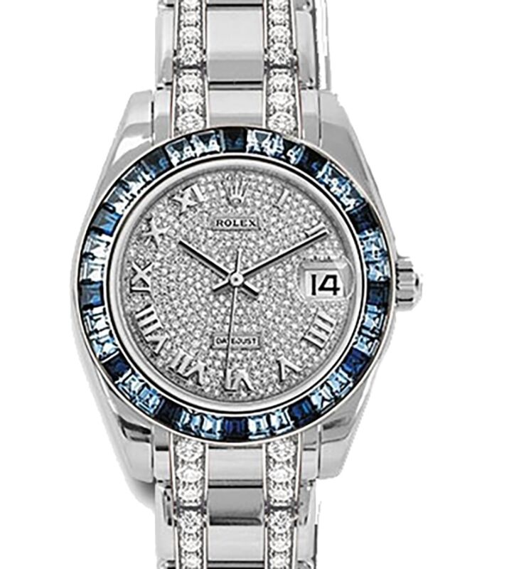Rolex Pearlmaster Masterpiece Diamond Paved Roman Dial Blue Sapphire Baguettes Bezel White Gold Braclet 34mm 81349SA 