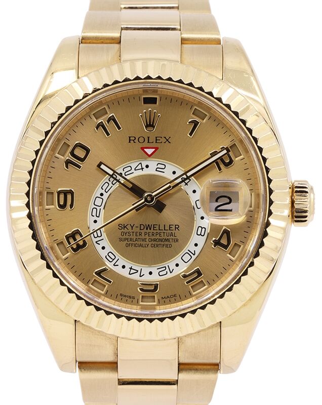 Rolex Sky-Dweller 18k Yellow Gold Champagne Arabic 42mm GMT Calendar 326938