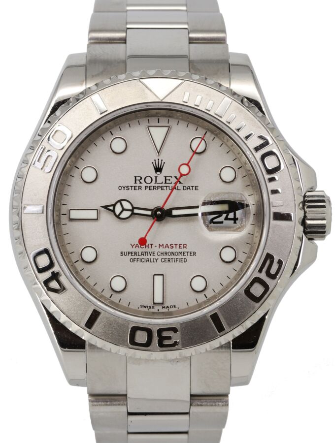 Rolex Yacht-Master 40mm Silver Dial Platinum Inscribed Rehaut Bezel Stainless Steel Oyster Bracelet 16622 - PRE-OWNED