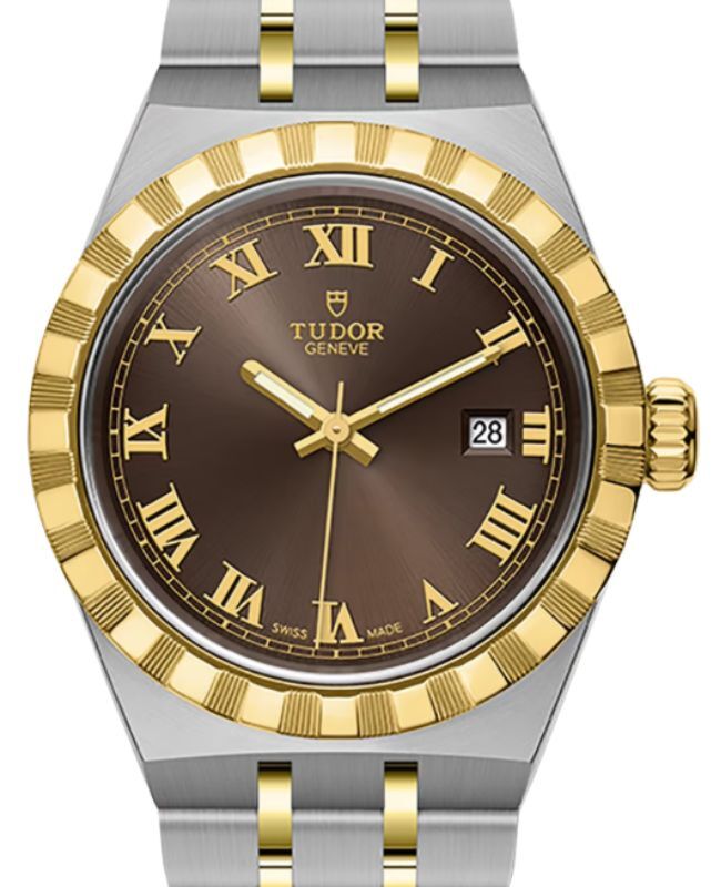 Tudor Royal Steel Chocolate Brown Dial 28mm Yellow Gold Cap Bracelet M28303-0008 - BRAND NEW
