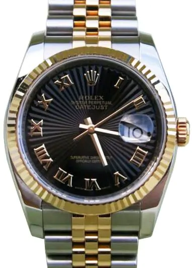 Rolex Datejust 36 116233-BLKRFJ Black Sunbeam Roman Fluted Yellow