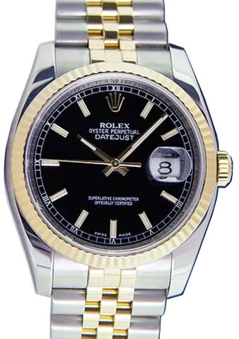 Rolex Datejust 36 116233-BLKSFJ Black Index Fluted Yellow Gold