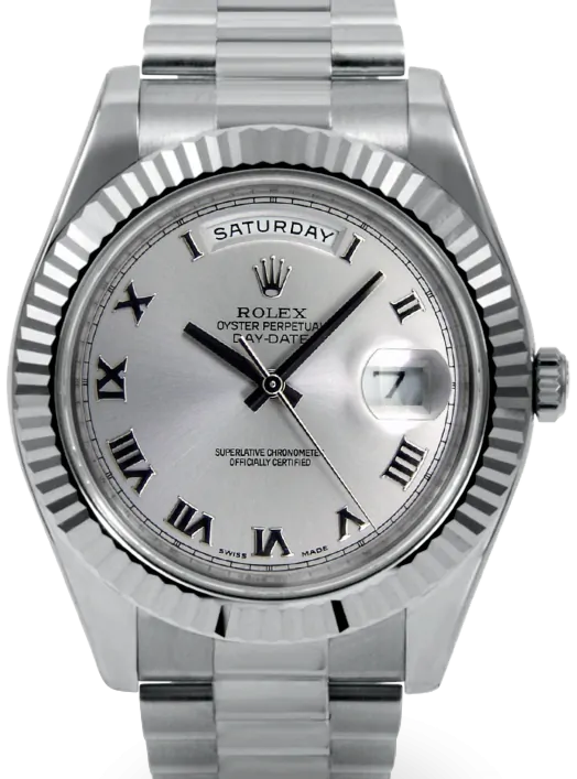 Rolex Day-Date II 218239-SLVRFP 41mm Silver Roman Fluted White
