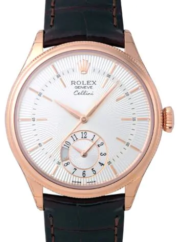 Rolex Cellini Dual Time 50525-SLV Silver Guilloche Index Rose Gold