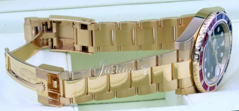 Rolex GMT Master II 116748SARU Ruby Sapphire Diamond 18k Yellow Gold
