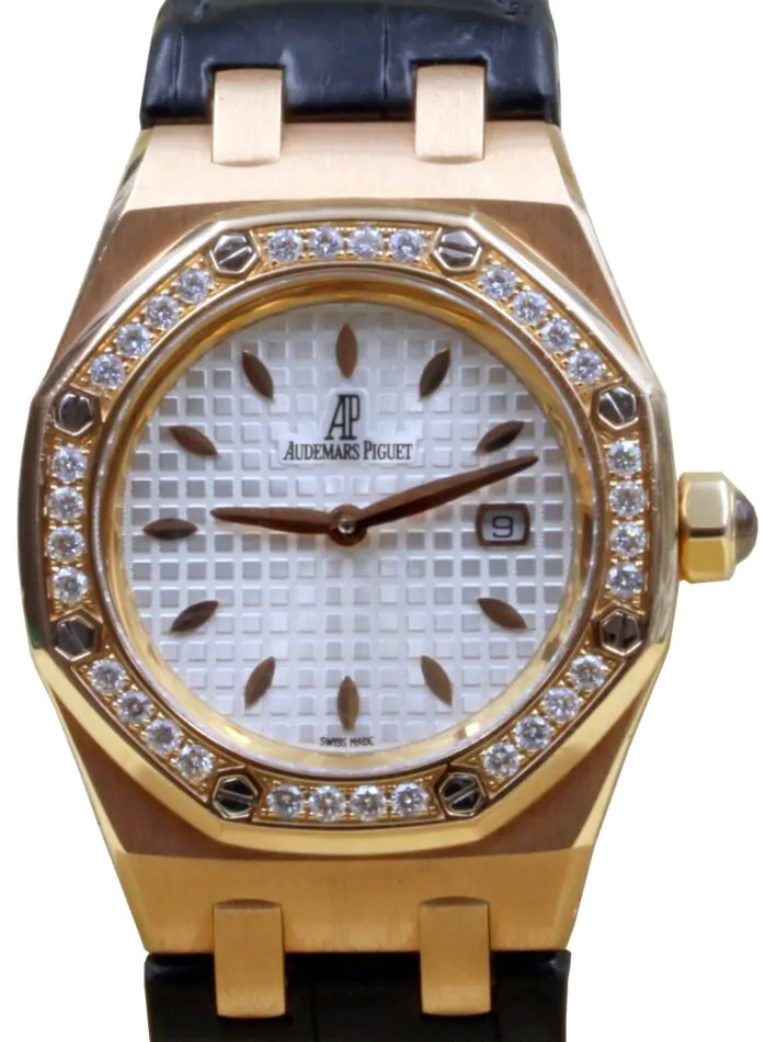 Royal Oak Lady Quartz 18k Rose Gold Silver Diamond White Rubber