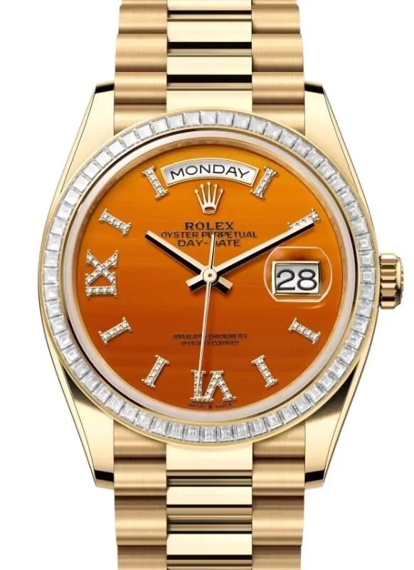 Rolex Day-Date 36 President Yellow Gold Carnelian Orange Diamond