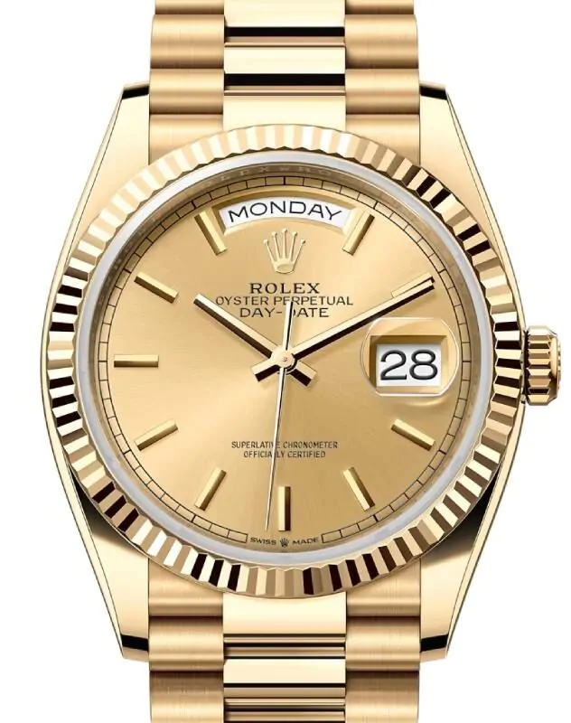 Rolex Day-Date 36 Yellow Gold Champagne Index Dial & Fluted Bezel