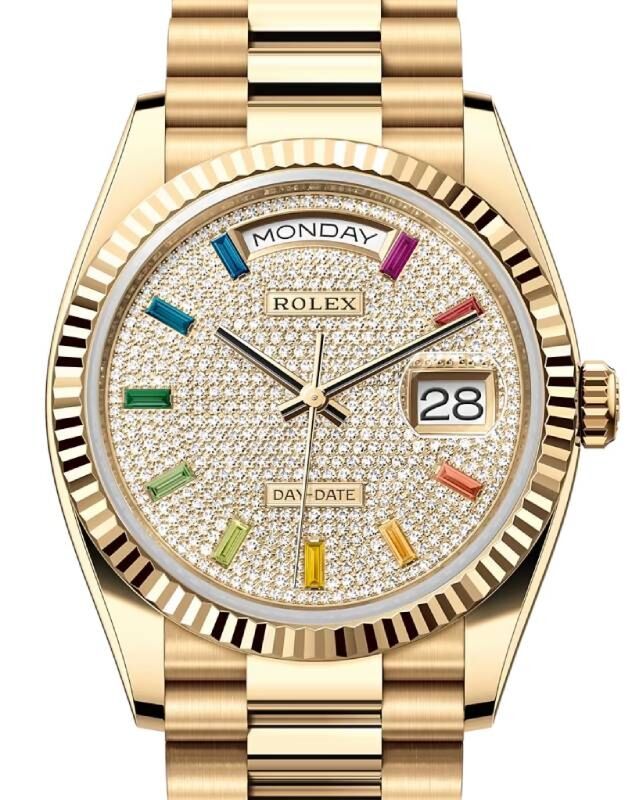 【C24618】パレード Rolex Day-Date 36 Yellow Gold Diamond Paved Rainbow Colored