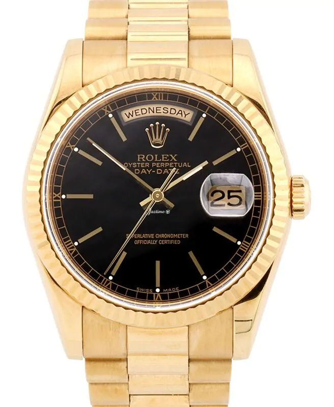 Rolex Day-Date 36 Yellow Gold Black Index Dial & Fluted Bezel