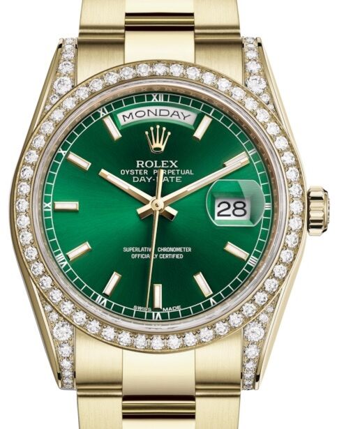 Rolex Day-Date 36 Yellow Gold Green Index Dial & Diamond Set Case