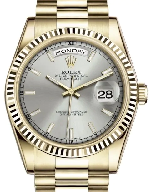Rolex Day-Date 36 Yellow Gold Silver Index Dial & Fluted Bezel