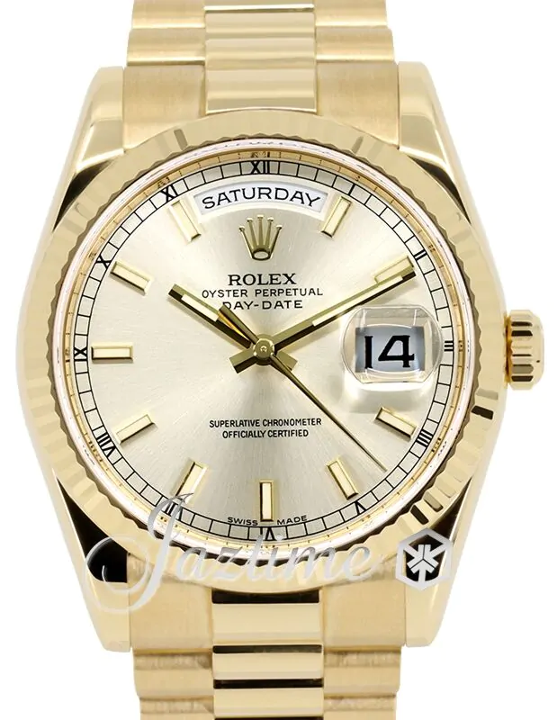 Rolex Day-Date 36 Yellow Gold Silver Index Dial & Fluted Bezel