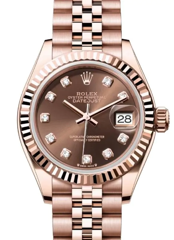 Rolexノベルティチョコレート Rolex Datejust 28 279175 Chocolate Diamond Fluted Bezel Rose Gold