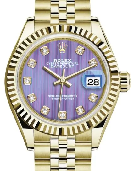 Rolex Datejust 28 279178 Lavender Diamond Fluted Bezel Yellow Gold