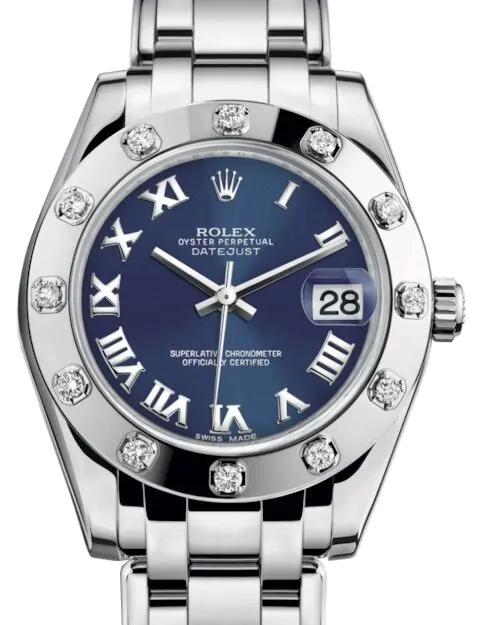 Rolex Pearlmaster 34 81319 Blue Roman White Gold Bezel Set with