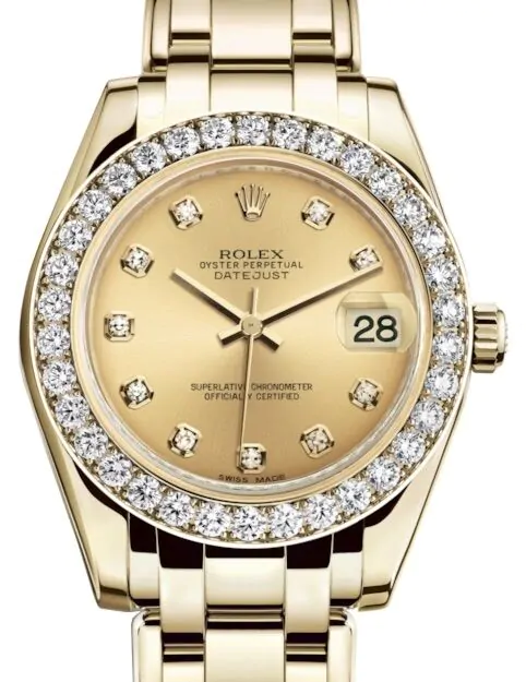 メル59359 Rolex Pearlmaster 34 81298 Champagne Diamond Bezel Yellow Gold