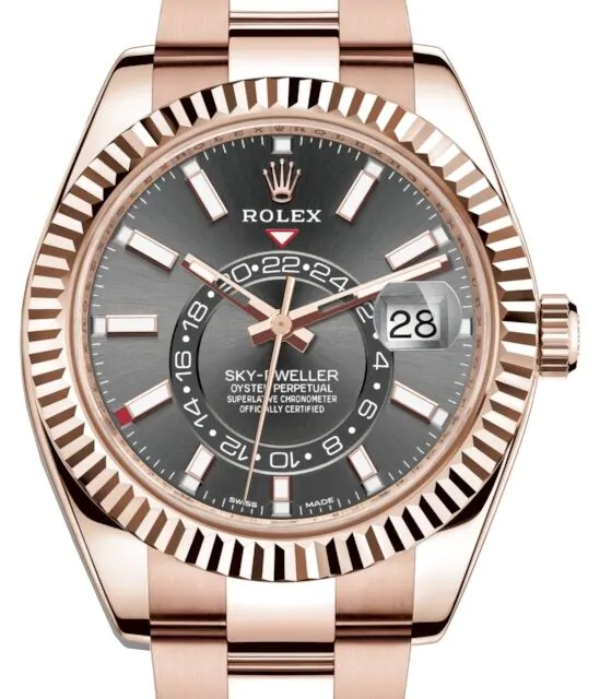 Rolex Sky-Dweller Rose Gold Dark Rhodium Index Dial Fluted Bezel