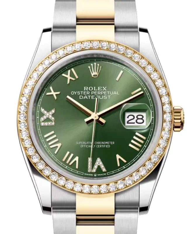 あーー Rolex Datejust 36 Yellow Gold/Steel New Olive Green Roman Diamond