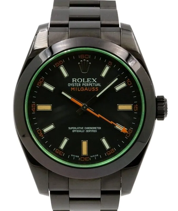 Rolex Milgauss Green Crysal Stainless Steel/PVD Black Dial & Bezel