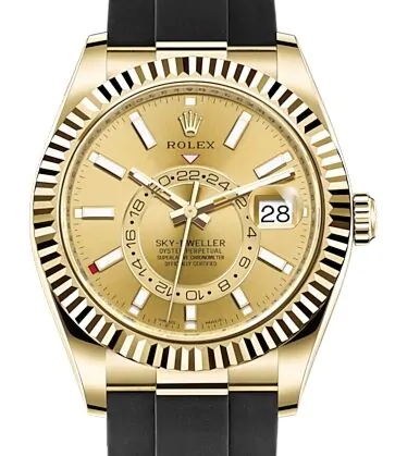 Rolex Sky-Dweller Yellow Gold Champagne Index Dial Fluted Bezel