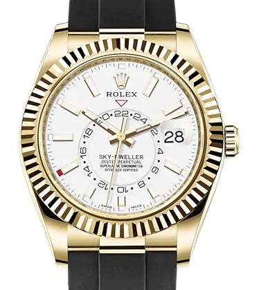 Rolex Sky-Dweller Yellow Gold White Index Dial Fluted Bezel Rubber