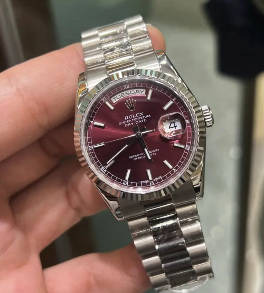 Rolex Day-Date 36 White Gold Cherry Index Dial & Fluted Bezel