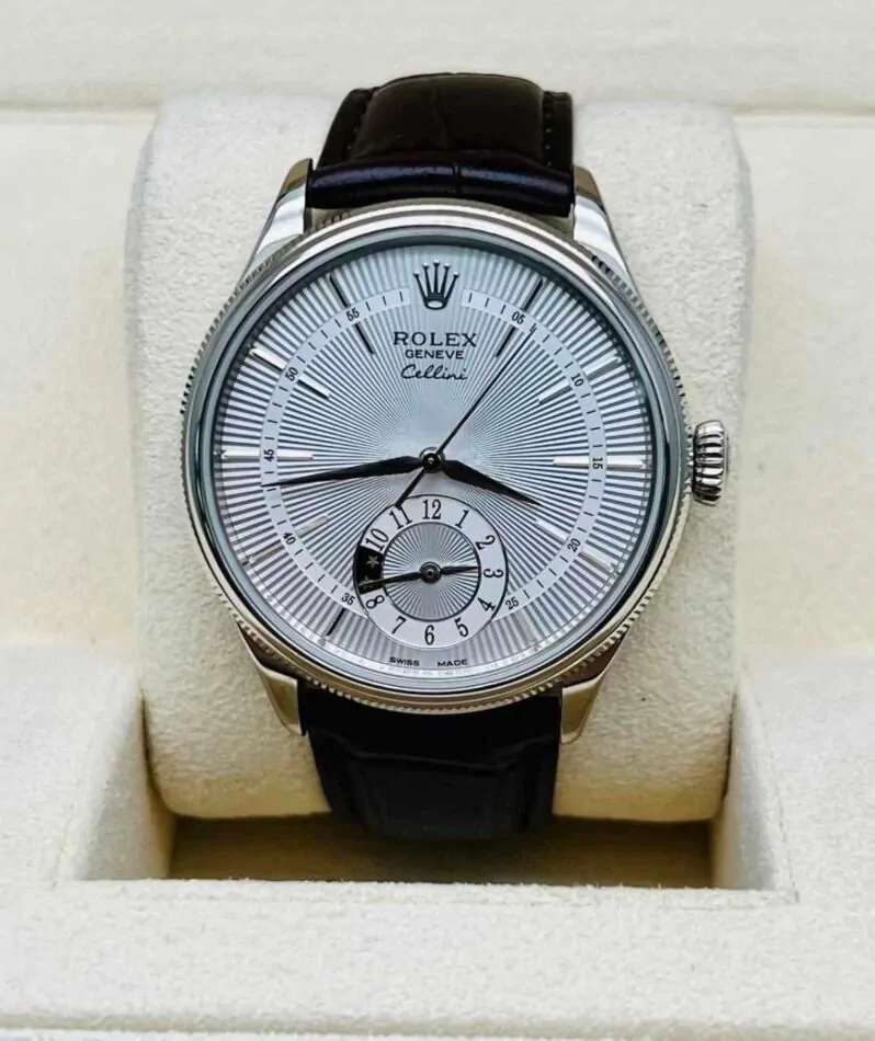 Rolex Cellini Dual Time White Gold Silver Guilloche Index Dial