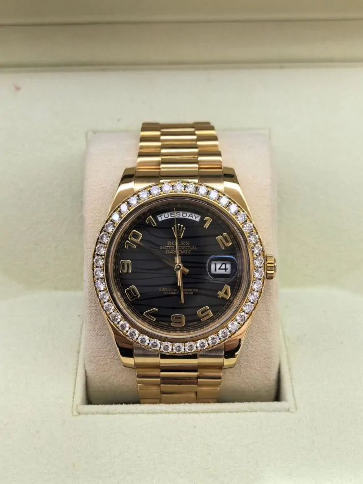 Rolex Day-Date II Yellow Gold 41mm Black Arabic Wave Dial Diamond